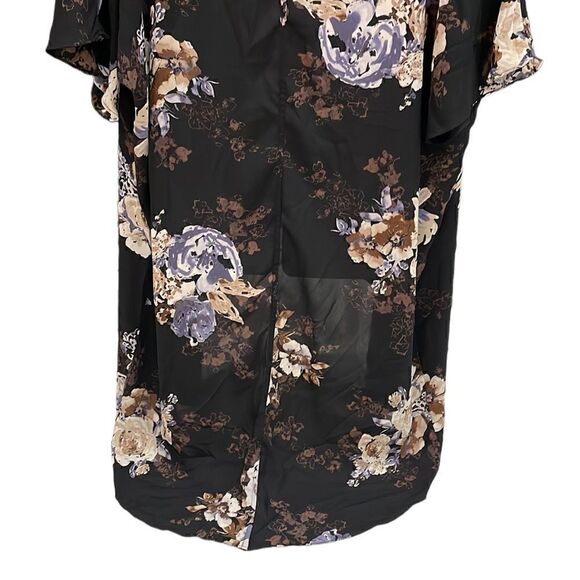 Everly- Chiffon Kimono Black Floral Print, Short Sleeve, High/ Low Shaw Collar, - Picture 9 of 16